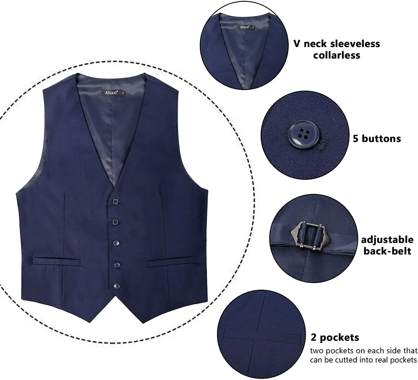 Alizeal Mens Classic Solid Color Business Suit Vest Regular Fit Tuxedo Waistcoat for Wedding