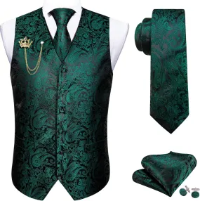 Barry.Wang Formal Men Flower Vest Paisley Jacquard Silk Ties Suit Waistcoat Set Wedding 5PCS