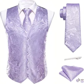Barry.Wang Formal Men Flower Vest Paisley Jacquard Silk Ties Suit Waistcoat Set Wedding 5PCS
