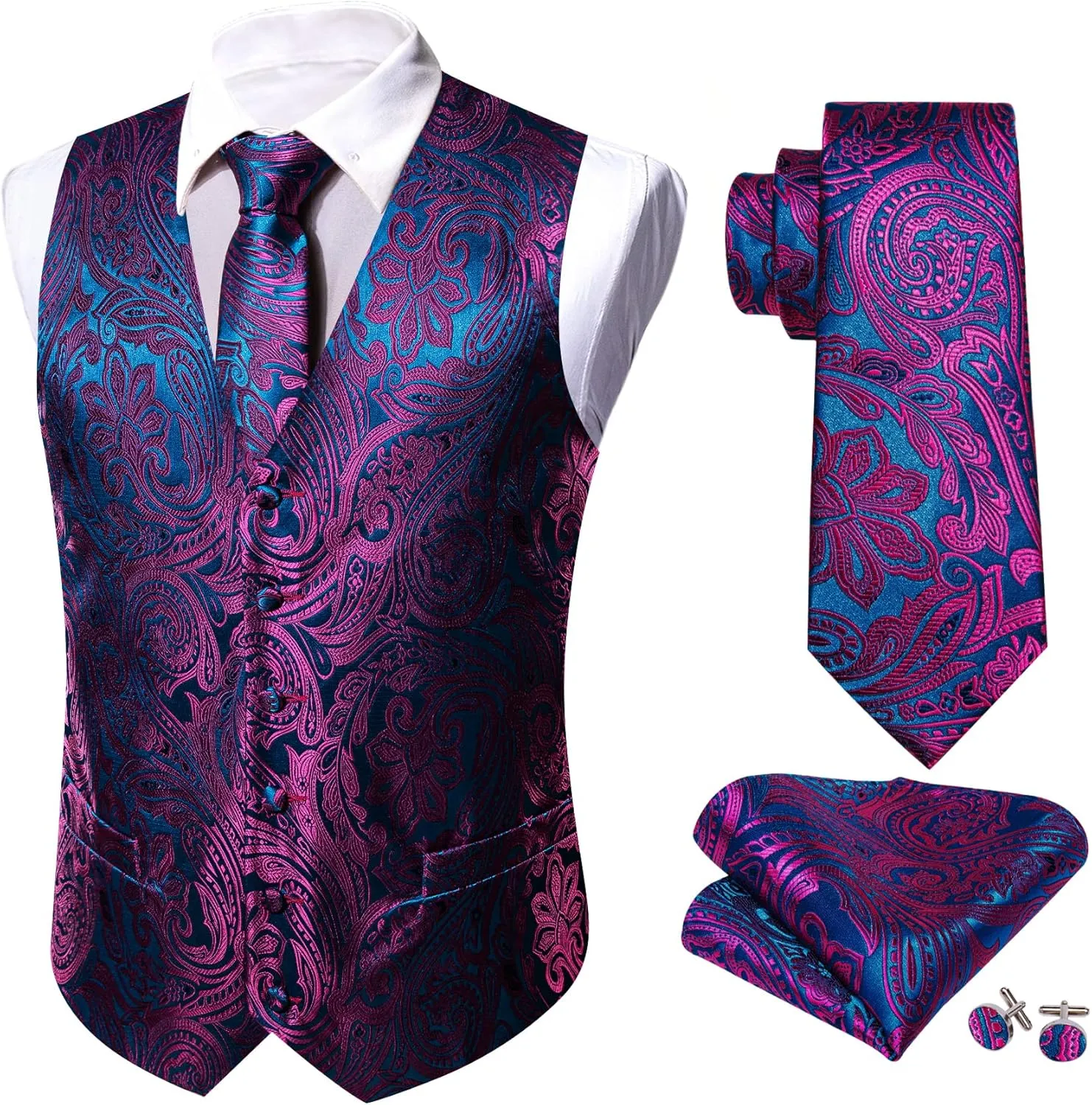 Barry.Wang Mens Suit Vest Paisley/Flower Silk Jacquard Waistcoat Ties Set Formal/Leisure 5PCS