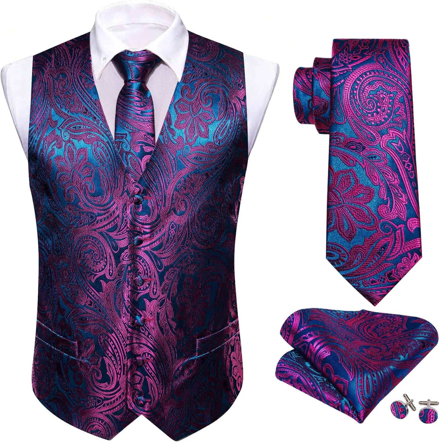 Barry.Wang Mens Suit Vest Paisley/Flower Silk Jacquard Waistcoat Ties Set Formal/Leisure 5PCS