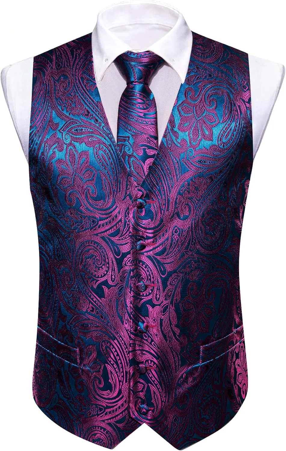 Barry.Wang Mens Suit Vest Paisley/Flower Silk Jacquard Waistcoat Ties Set Formal/Leisure 5PCS