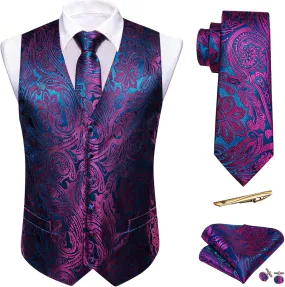 Barry.Wang Mens Suit Vest Paisley/Flower Silk Jacquard Waistcoat Ties Set Formal/Leisure 5PCS