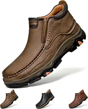 bumuam Men Slip on Loafers, Waterproof Leather Hiking Boots, Work Walking Shoes, Causal Comfortable Outdoor Sneakers, Lightweight,Breathable