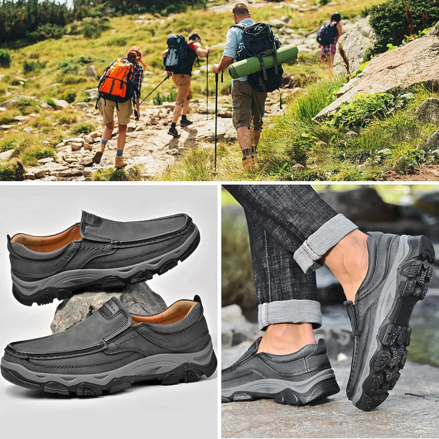 bumuam Men's Waterproof Hiking Shoes, Men's Slip On Hands Non Slip Work Loafers, No Laces Lightweight Breathable Casual Sneaker, for Outdoor Hiking