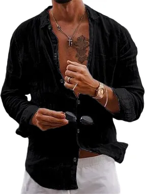 Button Down Linen Shirts for Men Casual Summer Beach Shirts Hipster Regular Fit Long Sleeve Shirts Everyday Clothing