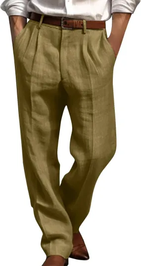 Classic-Fit Pleated Dress Pants for Men Casual Elastic Waist Straight Leg Suit Pant Summer Lightweight Solid Trouser