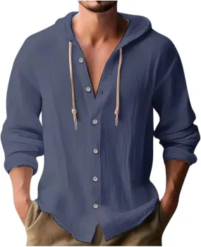 Cotton Linen Button Down Shirts for Men Long Sleeve Drawstring Hooded Tops Casual Lightweight Hoodie Shirt