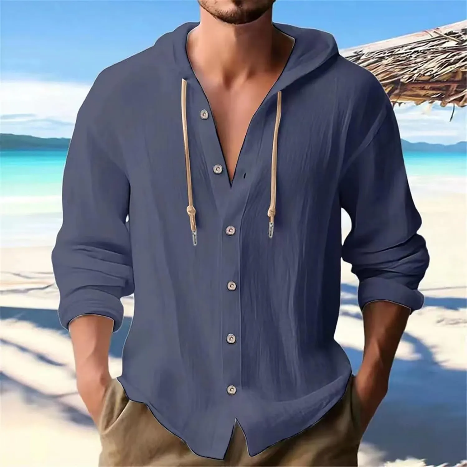 Cotton Linen Button Down Shirts for Men Long Sleeve Drawstring Hooded Tops Casual Lightweight Hoodie Shirt
