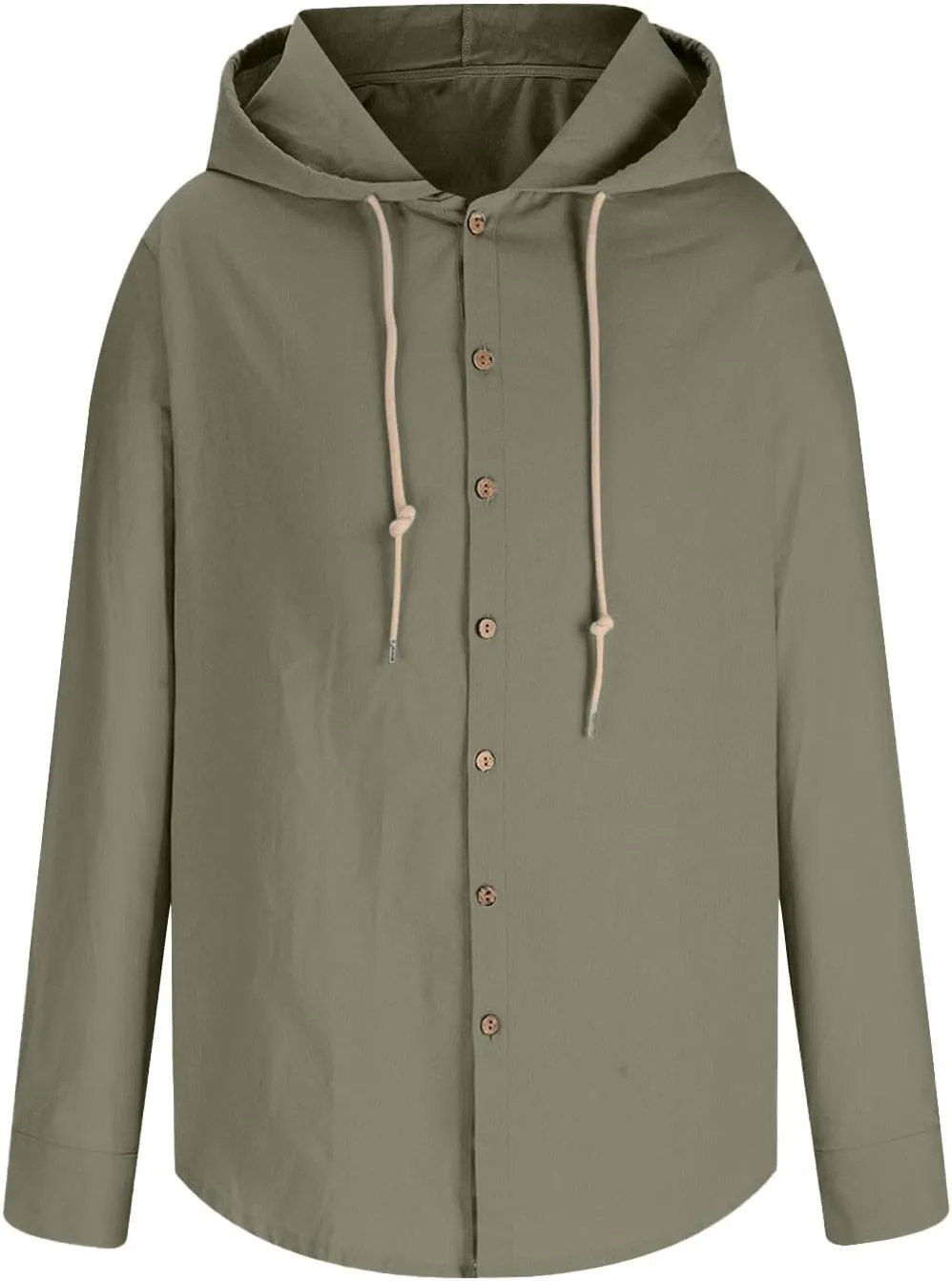 Cotton Linen Button Down Shirts for Men Long Sleeve Drawstring Hooded Tops Casual Lightweight Hoodie Shirt