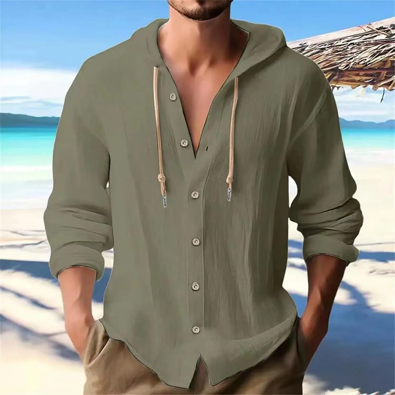 Cotton Linen Button Down Shirts for Men Long Sleeve Drawstring Hooded Tops Casual Lightweight Hoodie Shirt
