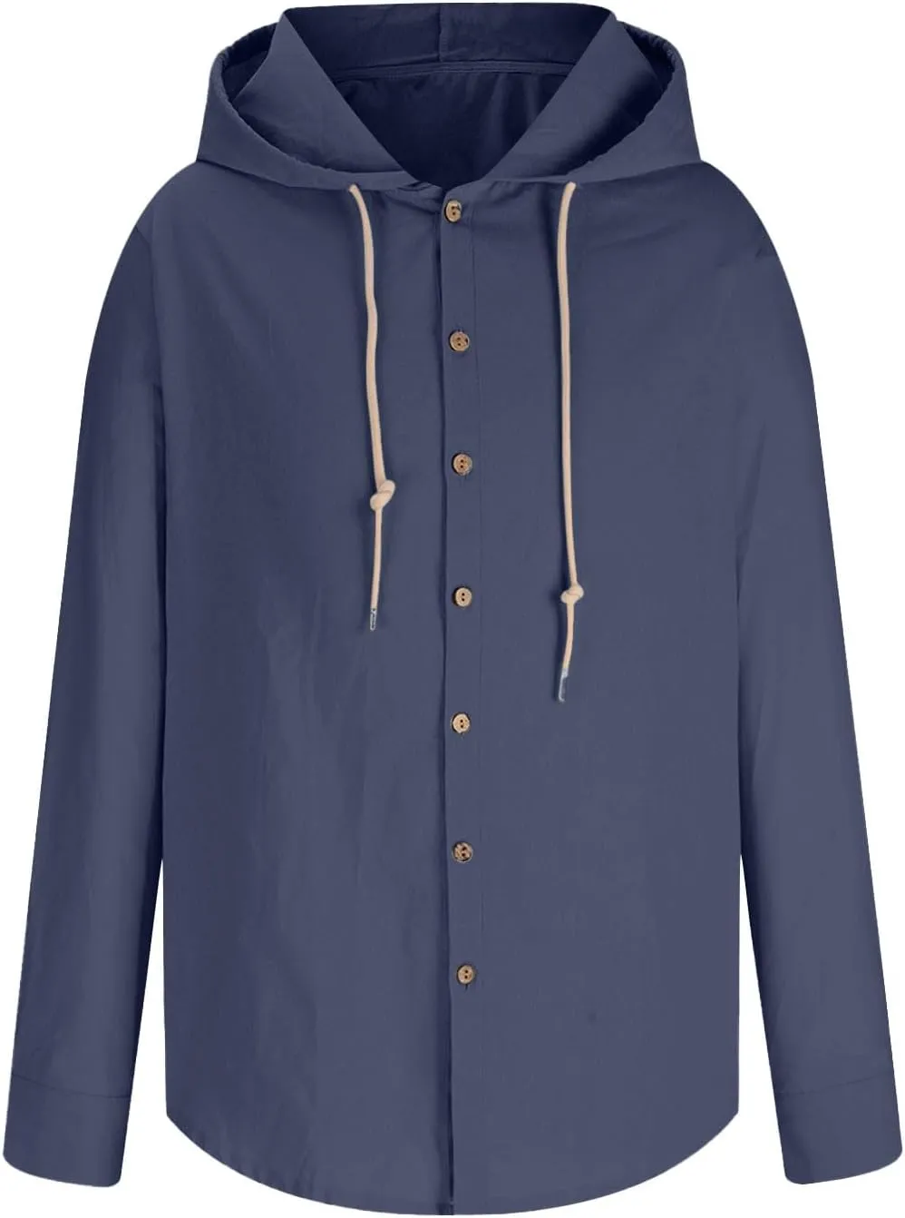 Cotton Linen Button Down Shirts for Men Long Sleeve Drawstring Hooded Tops Casual Lightweight Hoodie Shirt