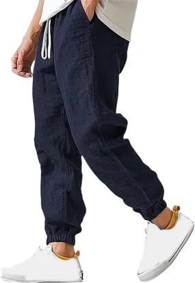 Cotton Linen Pants for Men Casual Drawstring Wide Leg Pant Lightweight Plain Stretch Waist Yoga Trousers with Pockets