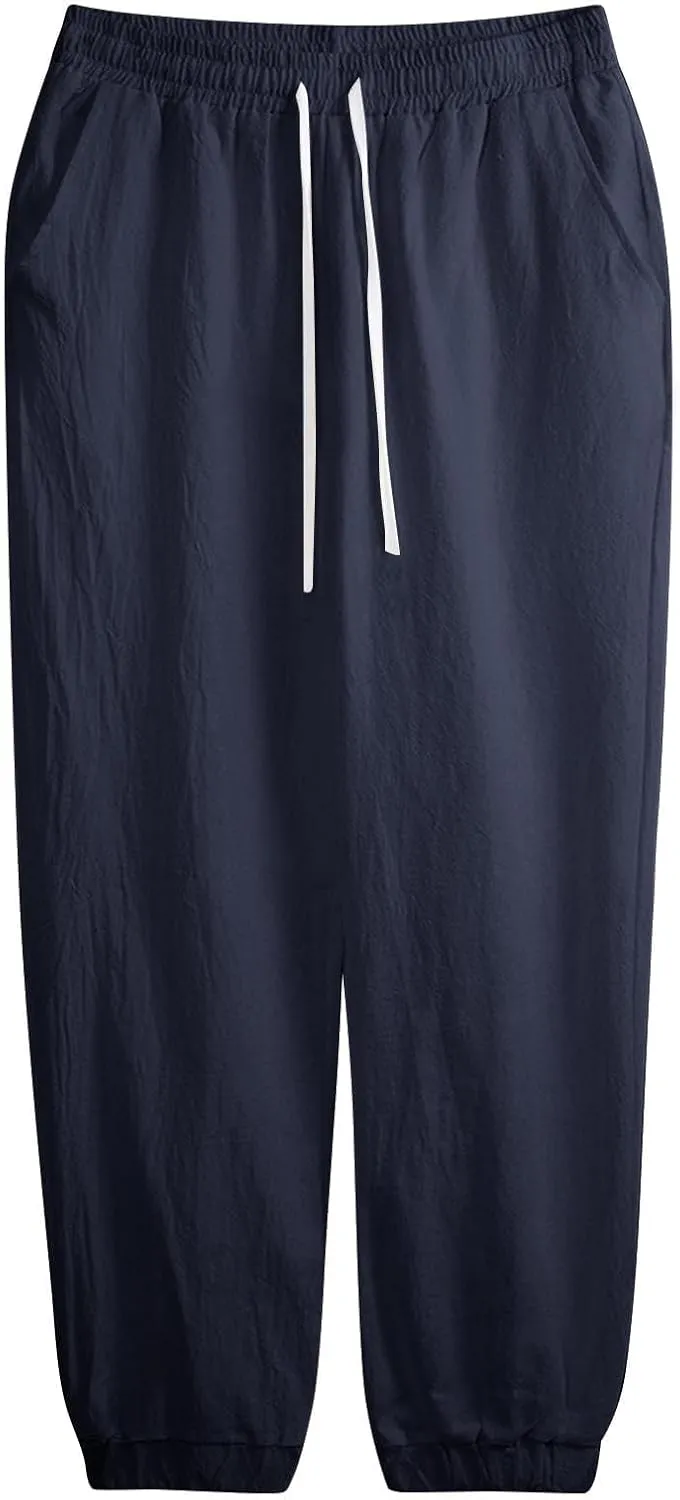 Cotton Linen Pants for Men Casual Drawstring Wide Leg Pant Lightweight Plain Stretch Waist Yoga Trousers with Pockets