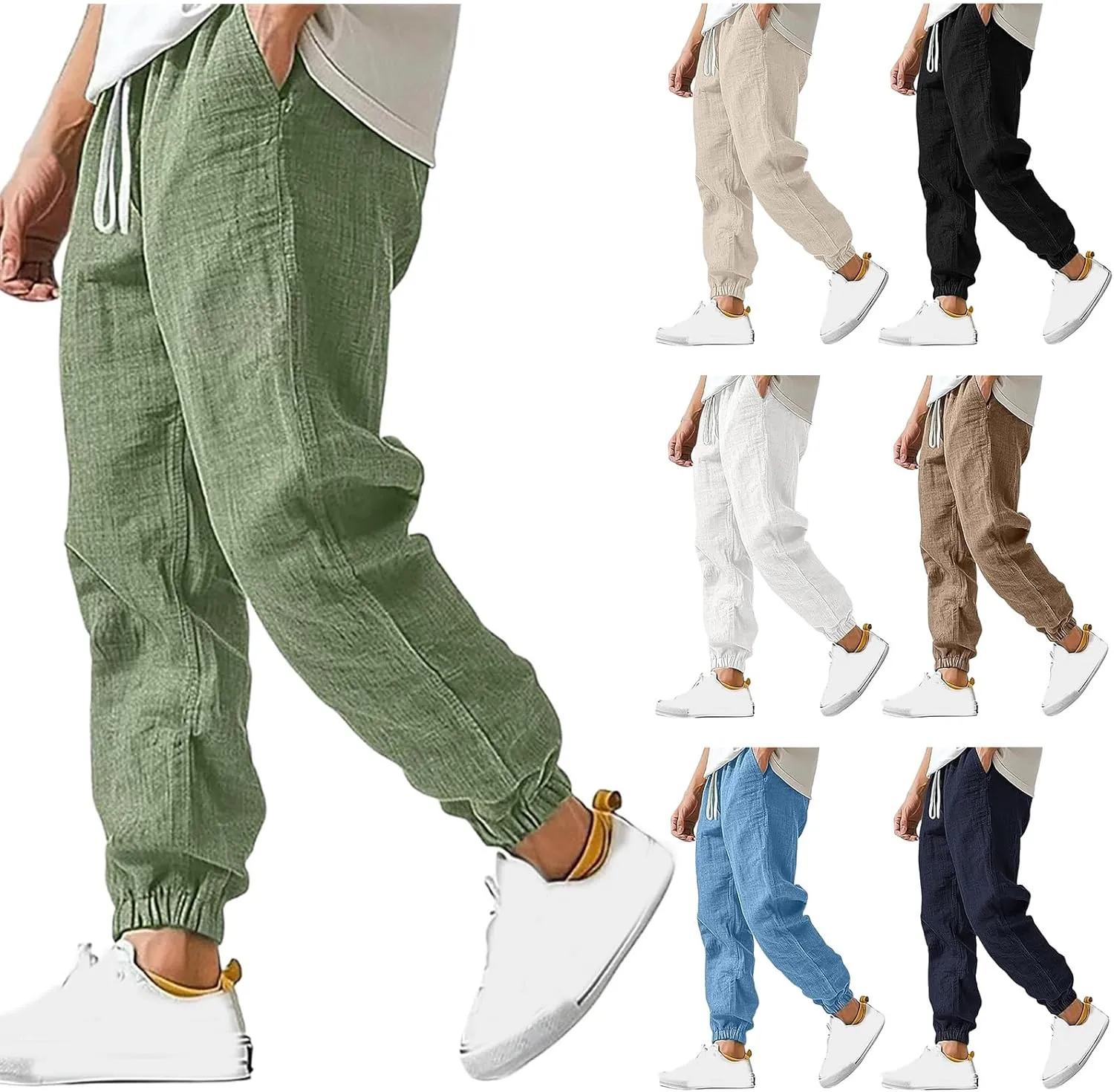 Cotton Linen Pants for Men Casual Drawstring Wide Leg Pant Lightweight Plain Stretch Waist Yoga Trousers with Pockets