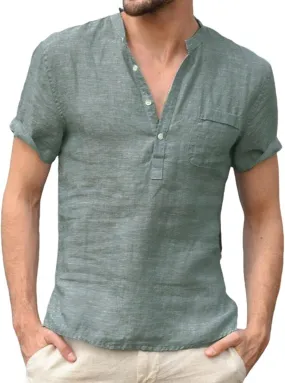 Cotton Linen Short Sleeve Shirts for Men Vintage Lightweight Button Up Hawaiian Beach T-Shirts Casual Pullover Tees