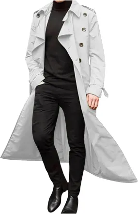 Ctreela Mens Long Trench Coat Business Casual Double Breasted Overcoat Fall Winter Solid Color Windbreaker Lapel Outwear