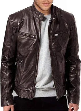 DuDubaby Men Vintage Cool Jacket Leather Long Sleeve Autumn Winter Stand Collar Club Coat