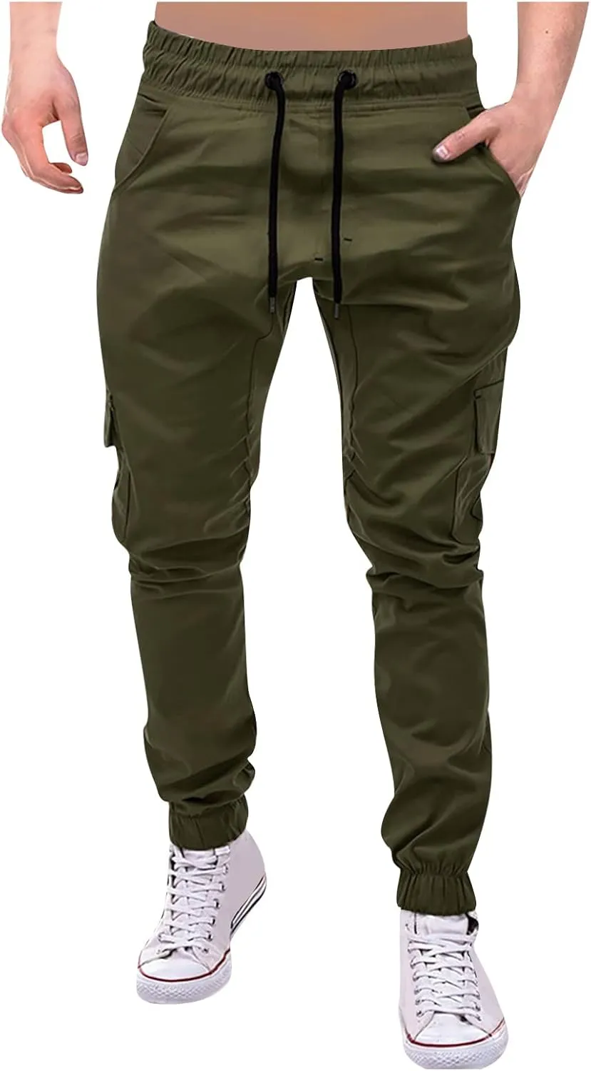 DuDubaby Mens Lounge Pants Mens Stretch Pants Overalls Drawstring Multi Pocket Casual Pants Hiking Pants Cotton Twill Pants
