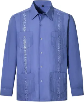 Embroidery Shirts for Men Patterns Cuban Guayabera Long Sleeve Wedding Beach Bartender Casual Blouse with Pockets