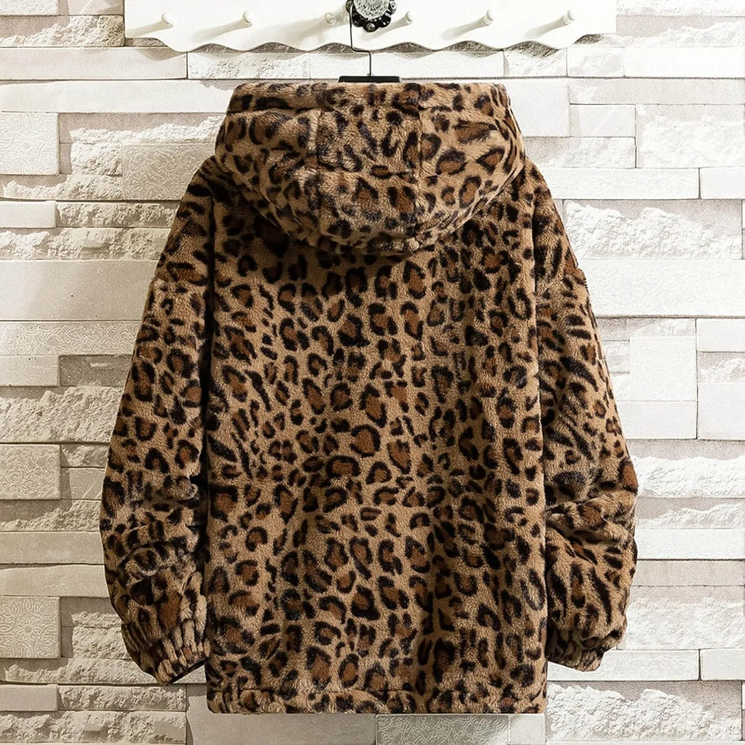 Faux Fur Jackets for Men Winter Coats Zip Up Hoodie Jacket Leopard Plush Fleece Overcoats Light Cardigan Sweaters