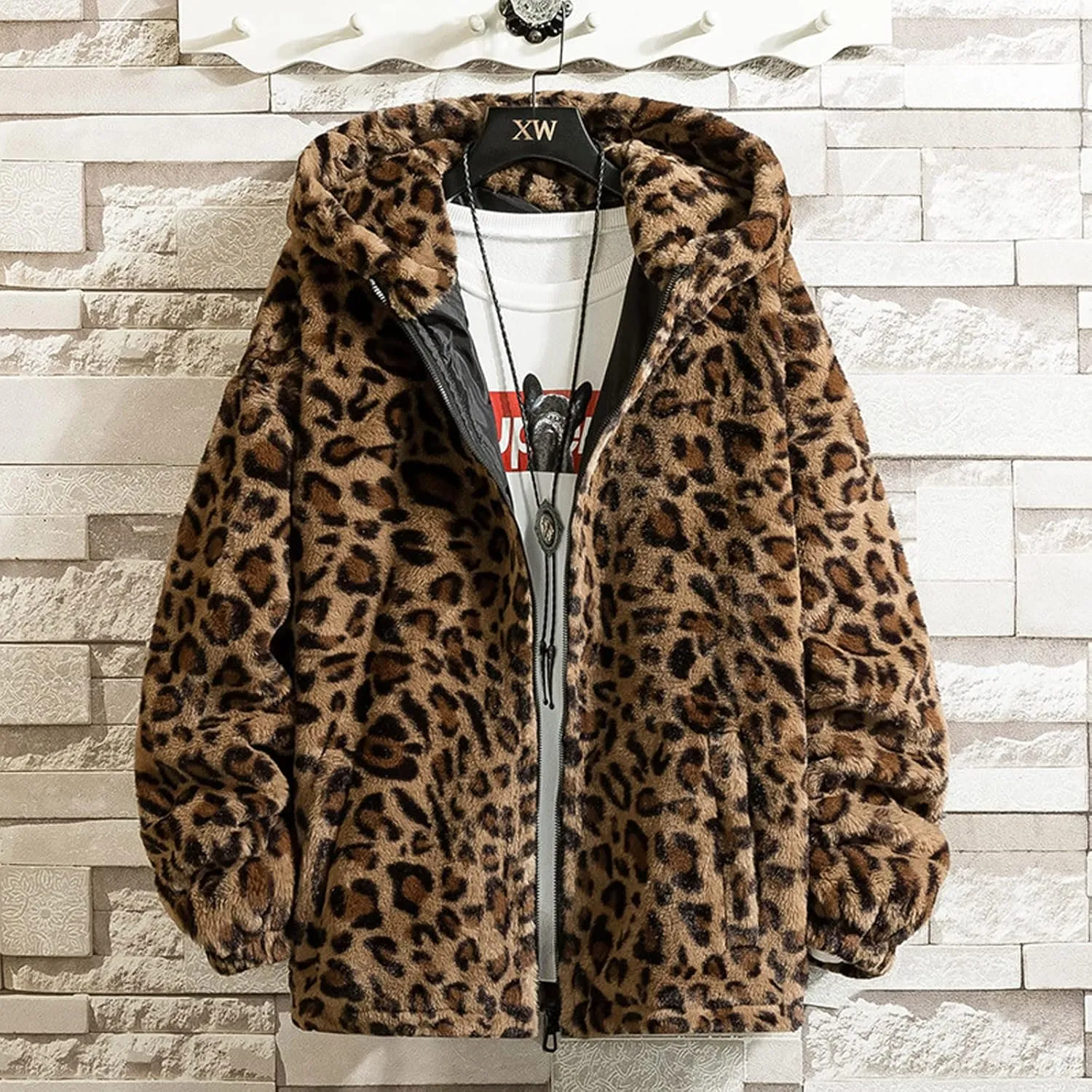 Faux Fur Jackets for Men Winter Coats Zip Up Hoodie Jacket Leopard Plush Fleece Overcoats Light Cardigan Sweaters