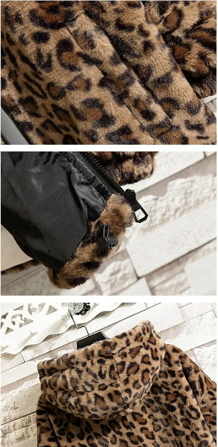 Faux Fur Jackets for Men Winter Coats Zip Up Hoodie Jacket Leopard Plush Fleece Overcoats Light Cardigan Sweaters