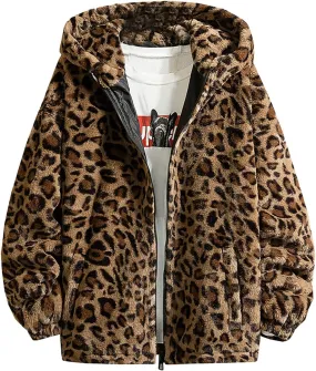 Faux Fur Jackets for Men Winter Coats Zip Up Hoodie Jacket Leopard Plush Fleece Overcoats Light Cardigan Sweaters