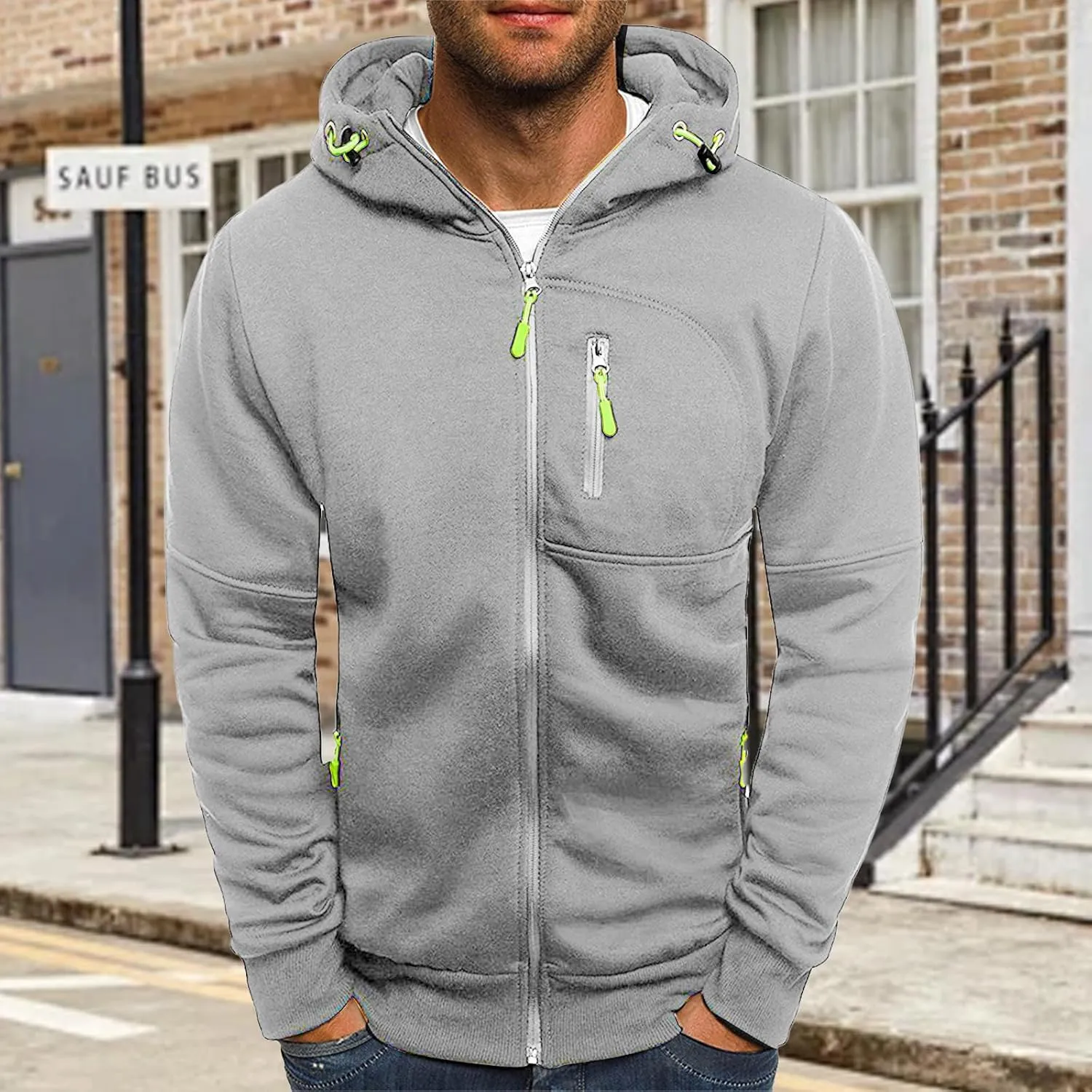 Fleece Hoodie for Men Full Zip Cardigan Sweatshirt Long Sleeve Drawstring Sweatshirt Slim Fit Fashion Coat Outwear