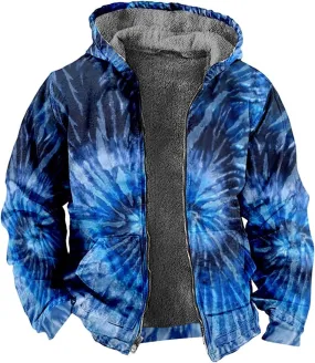 Fleece Hoodies for Men Tie Dye Fashion Coat Zip Up Casual Jacket Long Sleeve Comfort Outwear Hooded Sweatshirts with Pocket Fall Sweatshirts for Men (Blue,M)