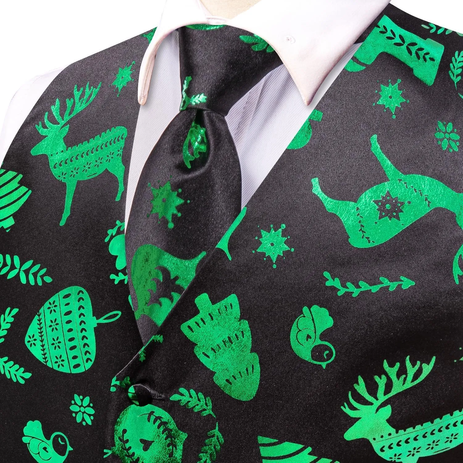 Hi-Tie Christmas Vest and Tie Set For Mens Print Shiny Suit Waistcoat Necktie Xmas Holiday Party Tuxedo Vest