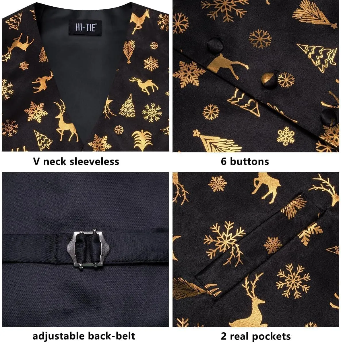 Hi-Tie Christmas Vest and Tie Set For Mens Print Shiny Suit Waistcoat Necktie Xmas Holiday Party Tuxedo Vest