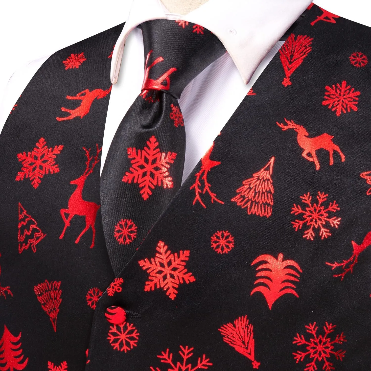 Hi-Tie Christmas Vest and Tie Set For Mens Print Shiny Suit Waistcoat Necktie Xmas Holiday Party Tuxedo Vest