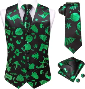 Hi-Tie Christmas Vest and Tie Set For Mens Print Shiny Suit Waistcoat Necktie Xmas Holiday Party Tuxedo Vest