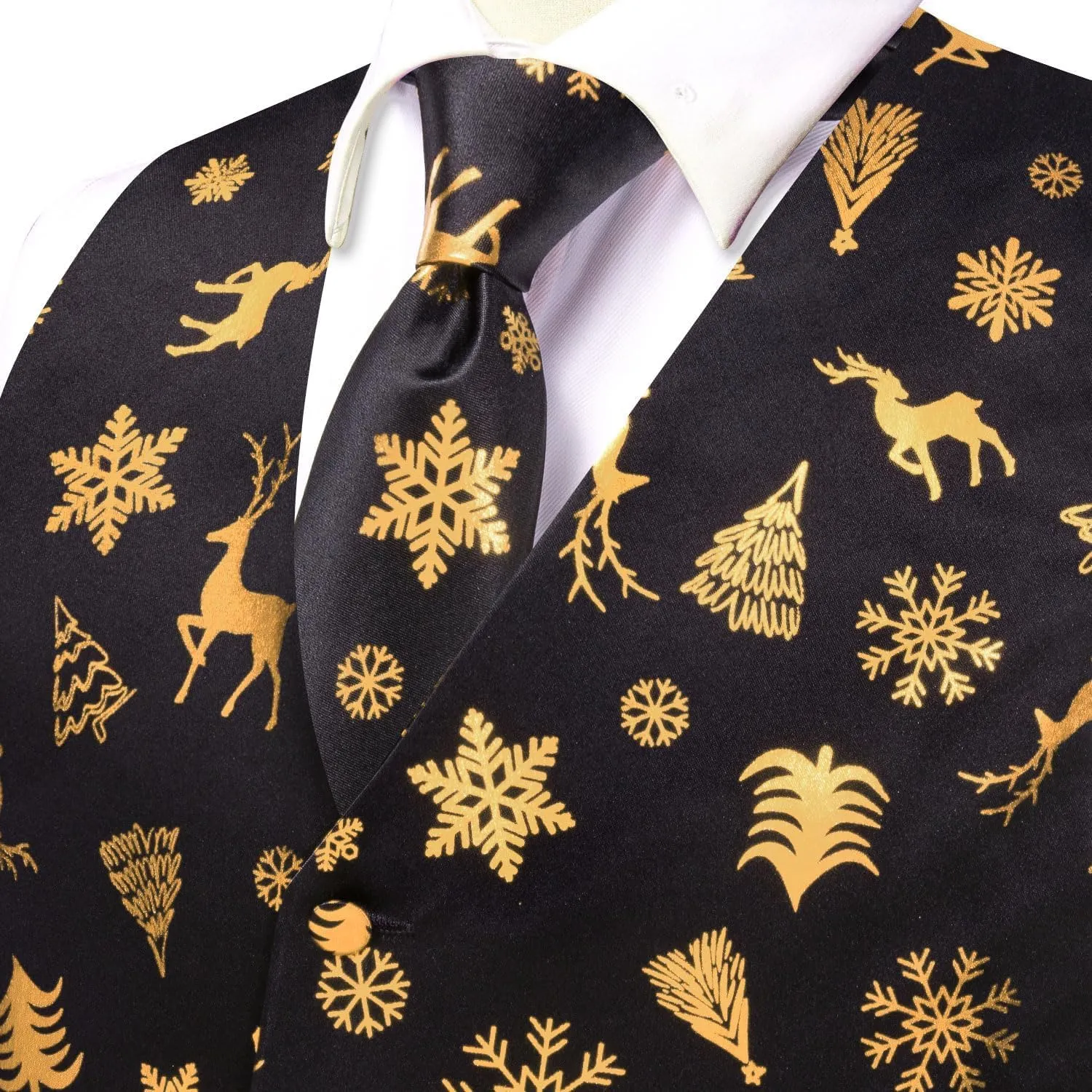 Hi-Tie Christmas Vest and Tie Set For Mens Print Shiny Suit Waistcoat Necktie Xmas Holiday Party Tuxedo Vest