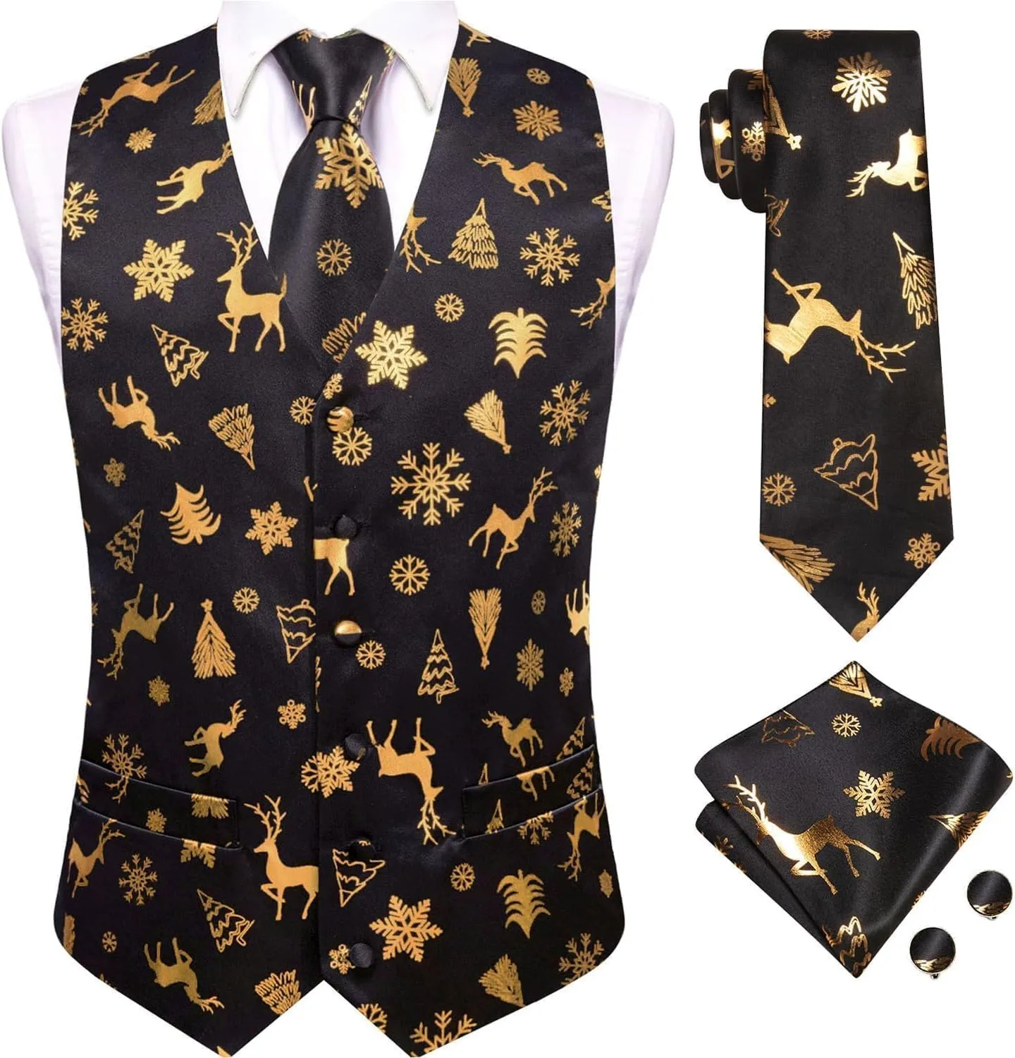 Hi-Tie Christmas Vest and Tie Set For Mens Print Shiny Suit Waistcoat Necktie Xmas Holiday Party Tuxedo Vest