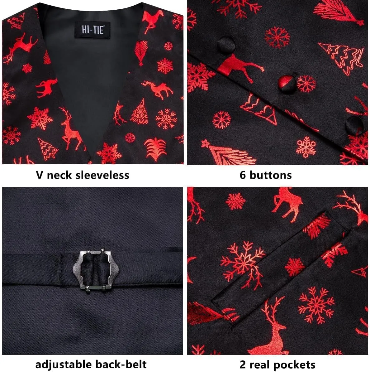Hi-Tie Christmas Vest and Tie Set For Mens Print Shiny Suit Waistcoat Necktie Xmas Holiday Party Tuxedo Vest
