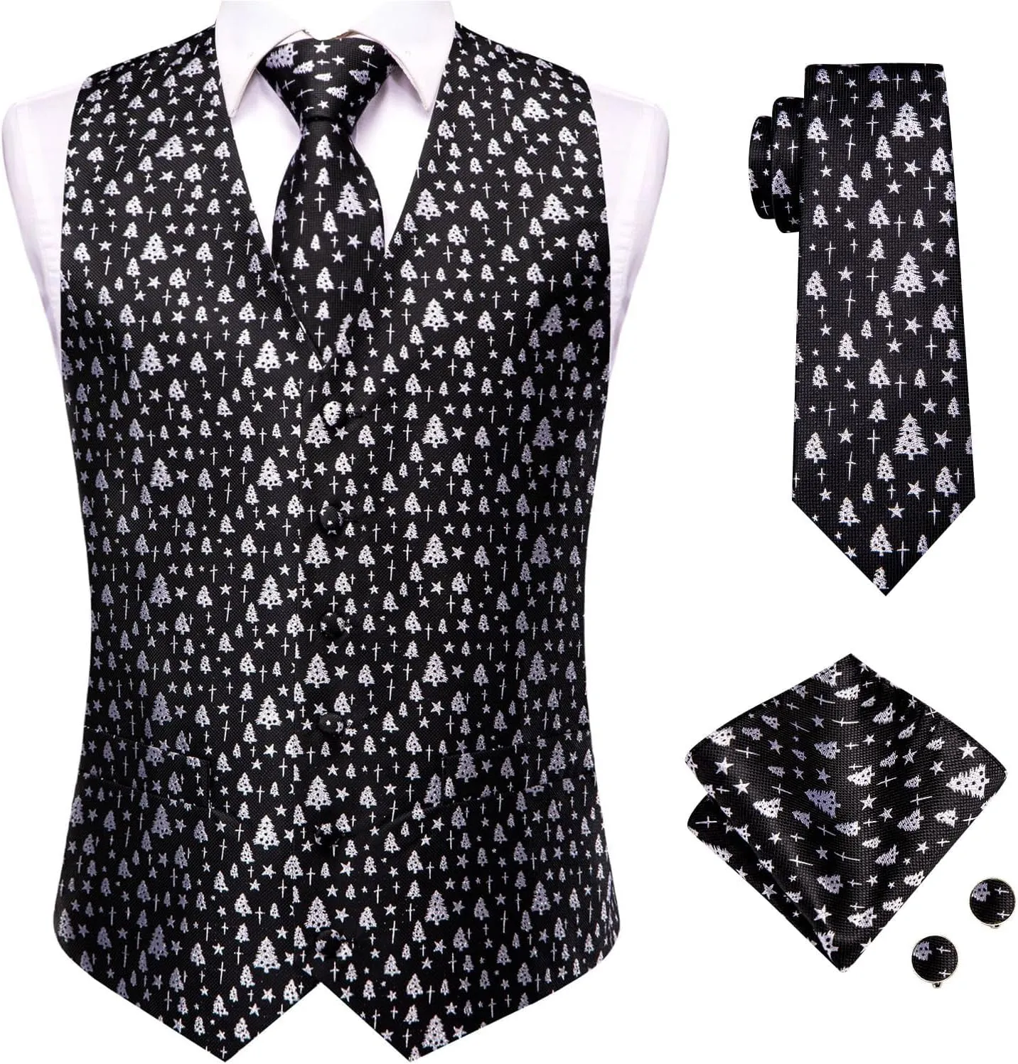 Hi-Tie Christmas Vest and Tie Set For Mens Print Shiny Suit Waistcoat Necktie Xmas Holiday Party Tuxedo Vest