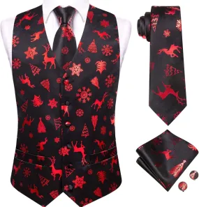 Hi-Tie Christmas Vest and Tie Set For Mens Print Shiny Suit Waistcoat Necktie Xmas Holiday Party Tuxedo Vest