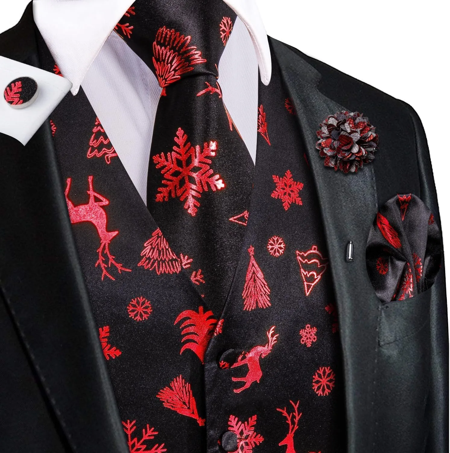 Hi-Tie Christmas Vest and Tie Set For Mens Print Shiny Suit Waistcoat Necktie Xmas Holiday Party Tuxedo Vest