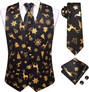 Hi-Tie Christmas Vest and Tie Set For Mens Print Shiny Suit Waistcoat Necktie Xmas Holiday Party Tuxedo Vest