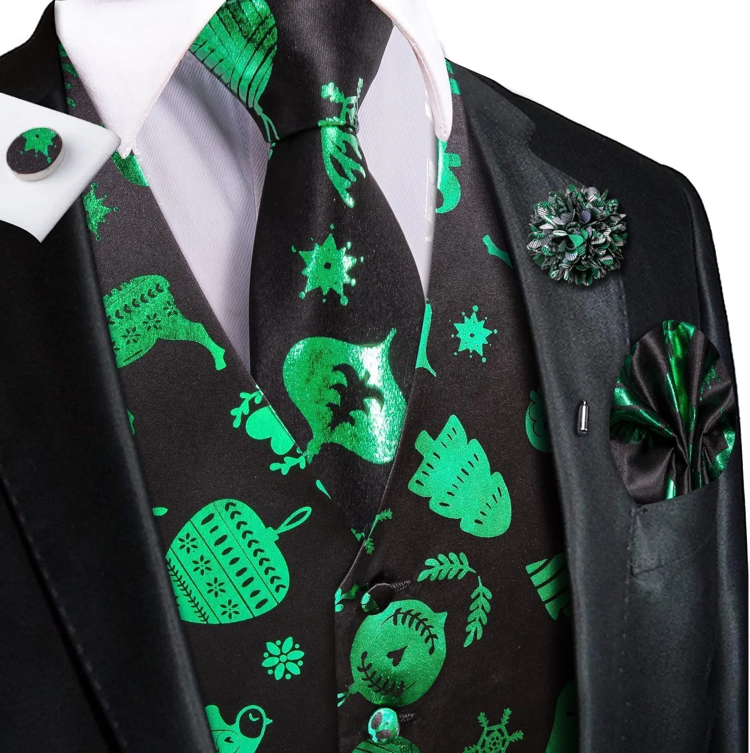 Hi-Tie Christmas Vest and Tie Set For Mens Print Shiny Suit Waistcoat Necktie Xmas Holiday Party Tuxedo Vest