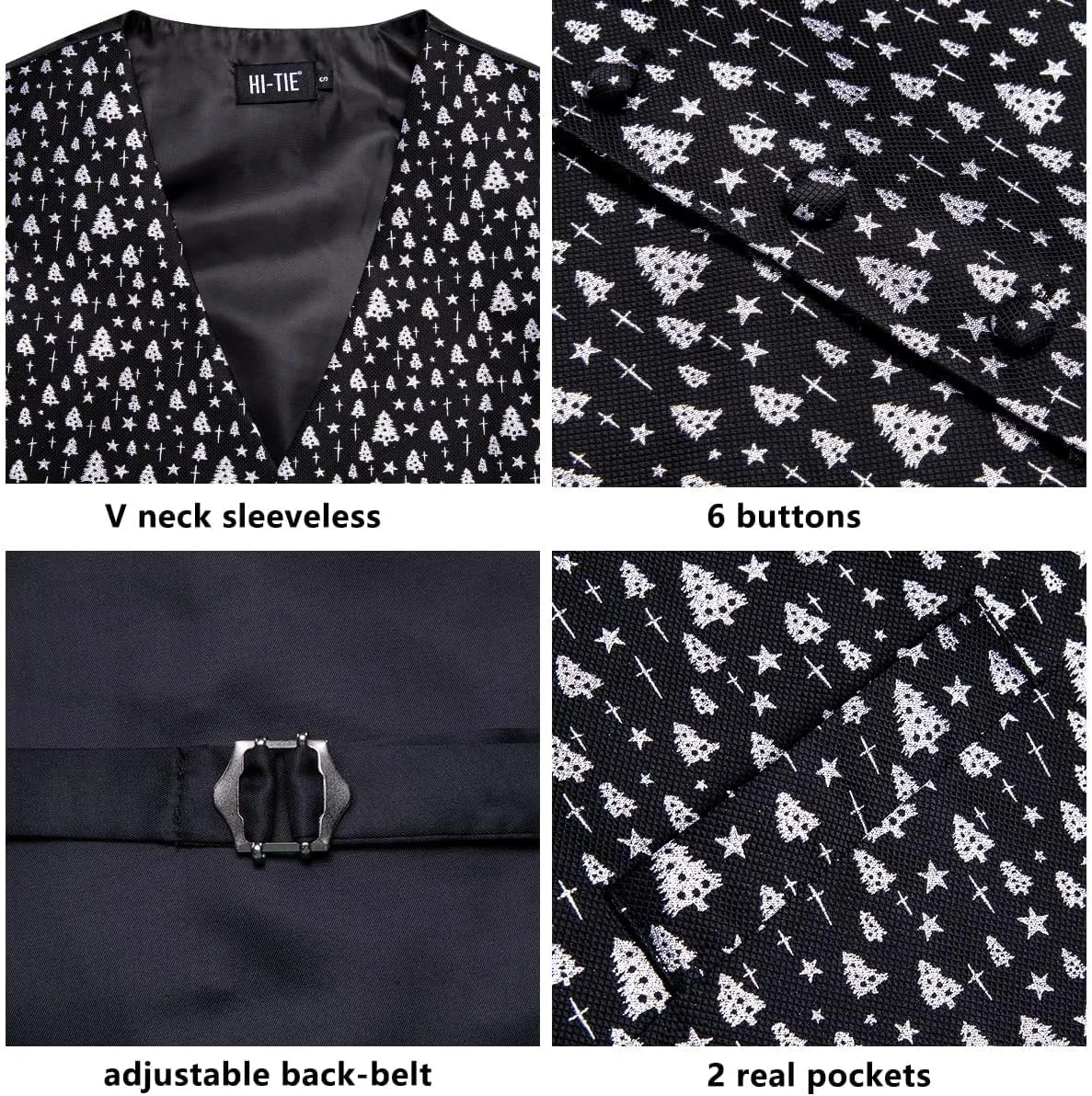 Hi-Tie Christmas Vest and Tie Set For Mens Print Shiny Suit Waistcoat Necktie Xmas Holiday Party Tuxedo Vest