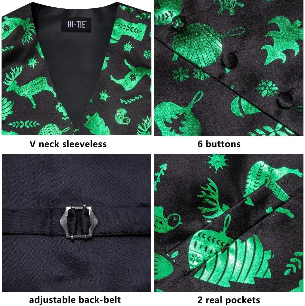 Hi-Tie Christmas Vest and Tie Set For Mens Print Shiny Suit Waistcoat Necktie Xmas Holiday Party Tuxedo Vest