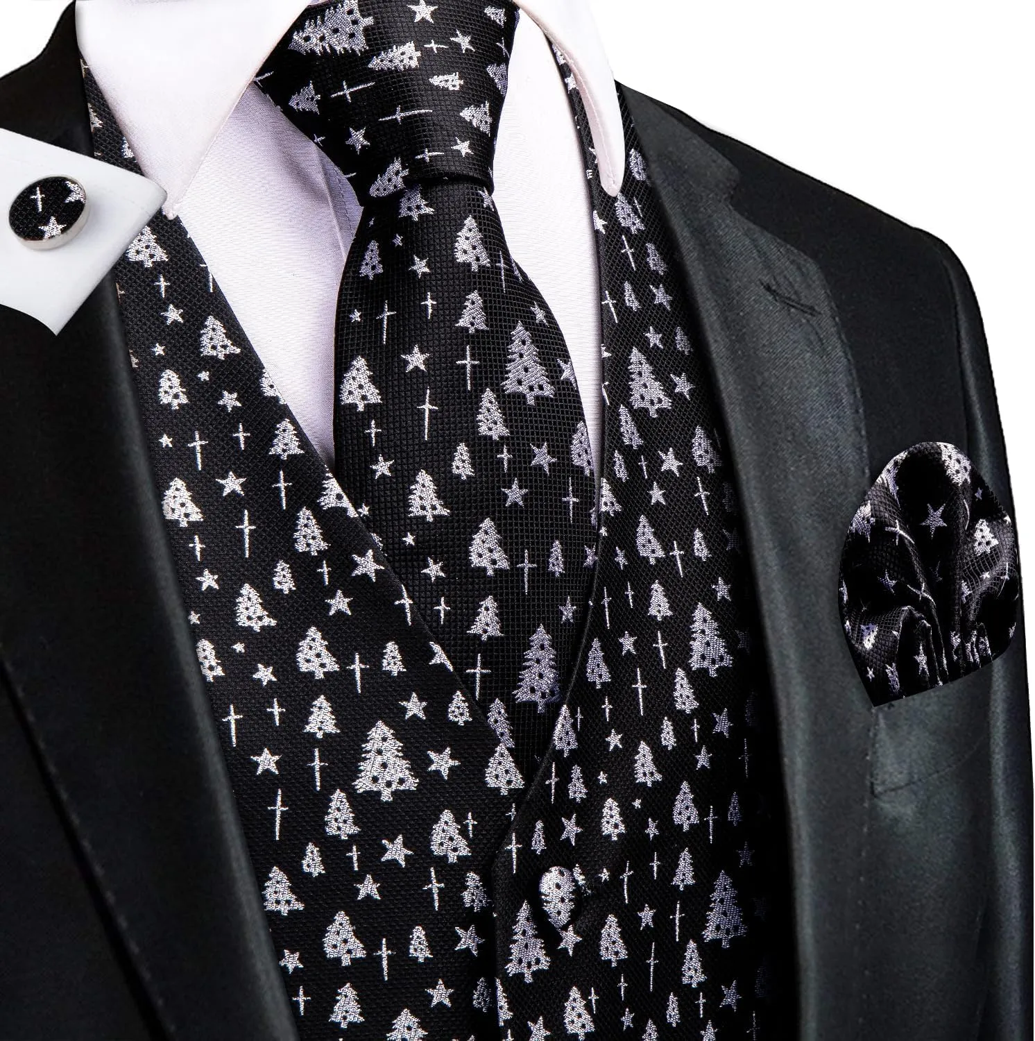 Hi-Tie Christmas Vest and Tie Set For Mens Print Shiny Suit Waistcoat Necktie Xmas Holiday Party Tuxedo Vest