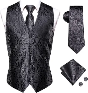 Hi-Tie Silk Mens Suit Vest and Tie Set Paisley Floral Jacquard Formal Dress Waistcoat For Tuxedo Wedding Party Business