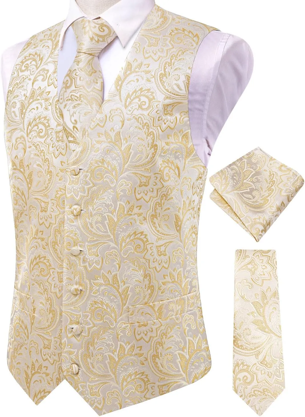 Hi-Tie Silk Mens Suit Vest and Tie Set Paisley Floral Jacquard Formal Dress Waistcoat For Tuxedo Wedding Party Business