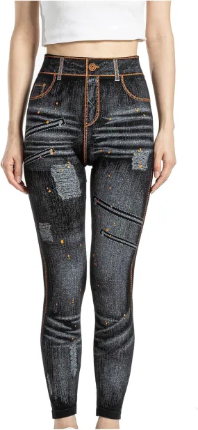 hlysgo Skinny Faux Jeans for Women High Waist Stretchy Slimming Jeggings Denim Print Leggings Trousers Pants