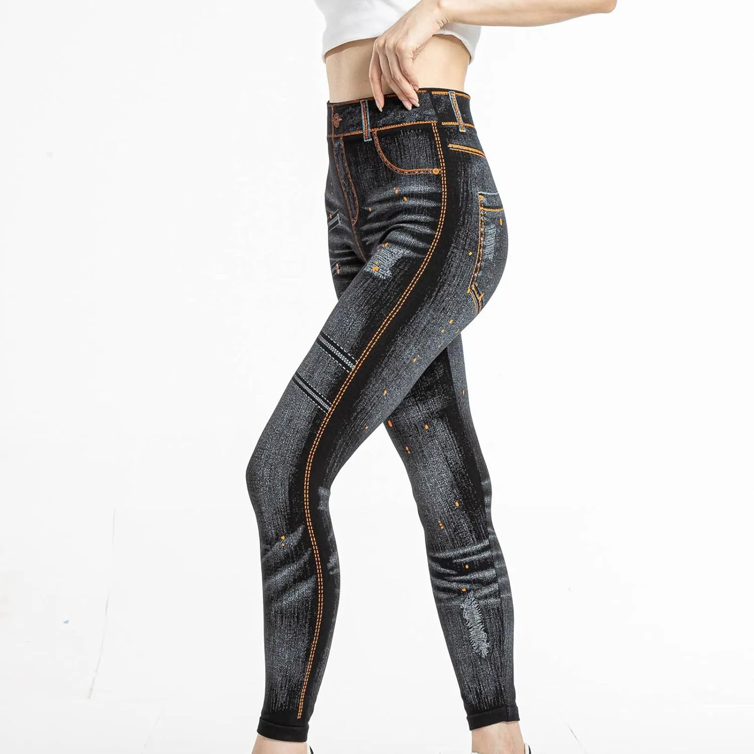 hlysgo Skinny Faux Jeans for Women High Waist Stretchy Slimming Jeggings Denim Print Leggings Trousers Pants