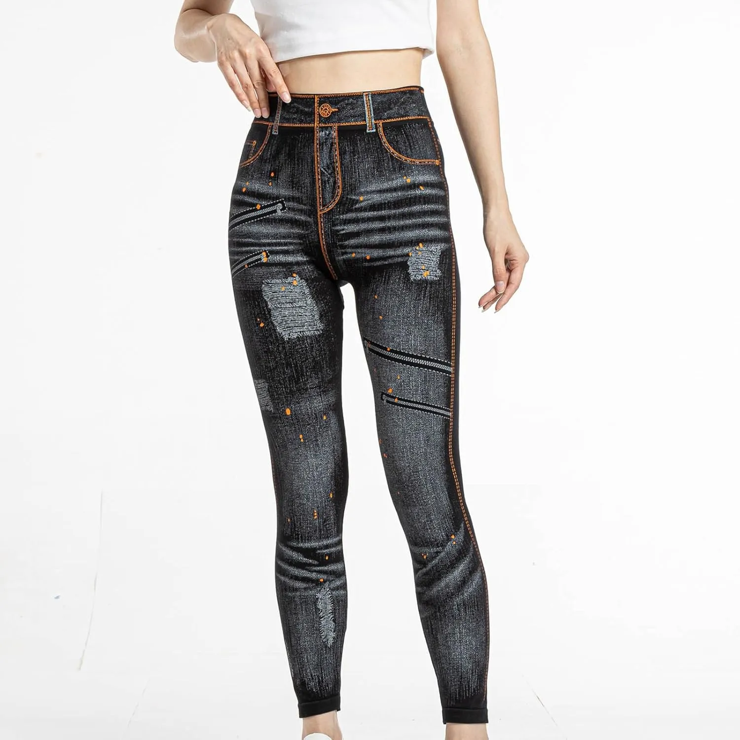 hlysgo Skinny Faux Jeans for Women High Waist Stretchy Slimming Jeggings Denim Print Leggings Trousers Pants